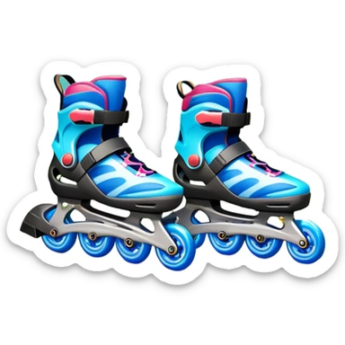 An icon featuring a pair of colorful inline rollerblades resting on a park path. The background showcases winding park pathways, lush green trees, and vibrant flowers along the way. The scene radiates a sense of freedom and outdoor activity under a clear blue sky. Transparent background sticker