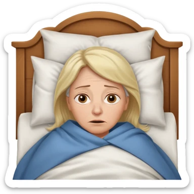 A 55-year-old woman lying in bed, unable to sleep. She looks exhausted and desperate, with visible dark circles under her eyes, tired facial expression. She is under the blankets, staring at the ceiling.  sticker