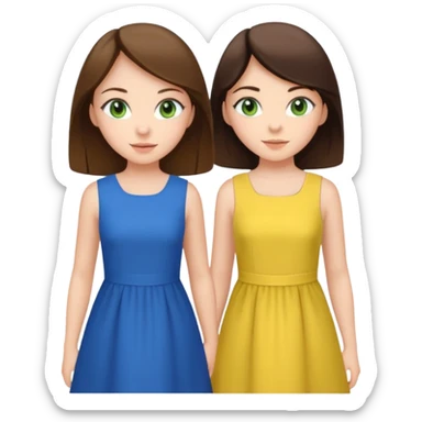 A brunette sister with green eyes and a brunette sister with green eyes in different clothes standing happily sticker