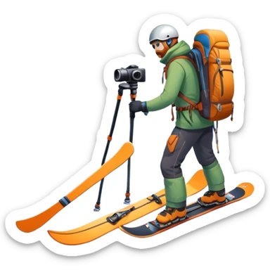 Icon for Mountain Tourism: a distant snow-capped mountain peak with skis, a snowboard, an ice axe, a backpack and a camera. The icon should convey the spirit of adventure and exploration in the mountains. Transparent background. sticker