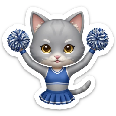 A cute chibi sleek grey cat cheerleader twirling pom-poms with confident energy. sticker
