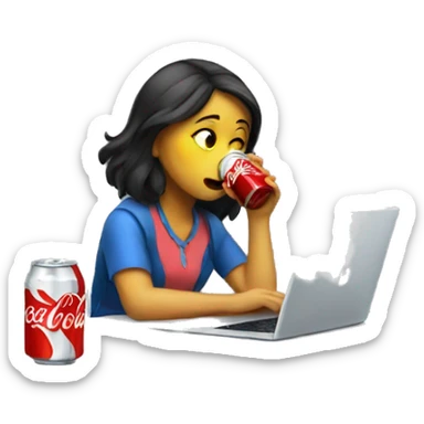tired girl with laptop drinking coca-cola sticker