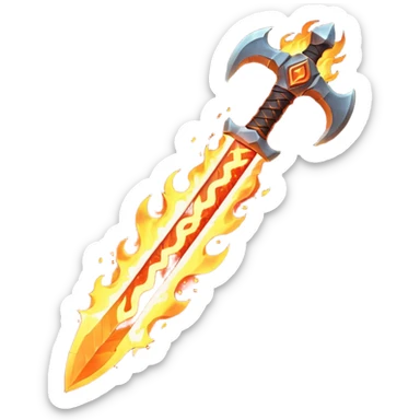 fire guardian sword object icon, flaming blade, glowing lava runes, ember sparks, fantasy weapon, 3D cartoon, mobile game icon style, centered, clean background, no text, no watermark
 sticker