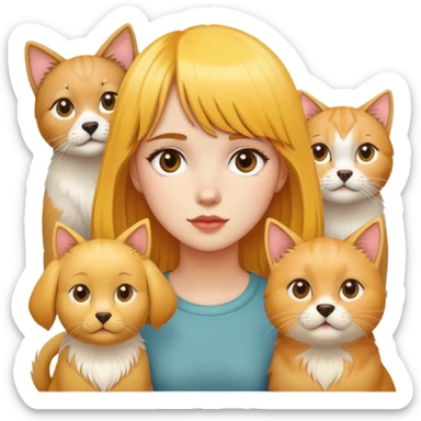 Girl with yellow bangs surrounded by golden retriever and three cats sticker