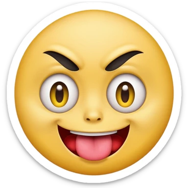 A yellow round face emoji smirking with its tounge out but the eyes are evil and kind of crazy and only one of the eyebrows is raised higher than the other eyebrow sticker