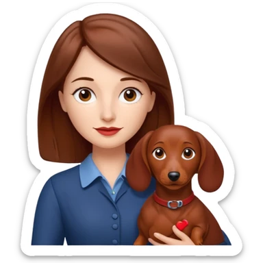 White woman with medium length brown hair holding a red dashound sticker