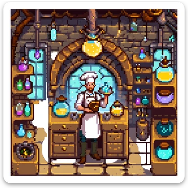 A mystical baker surrounded by bubbling glass flasks, enchanted ingredients, and a brass-trimmed oven. The workspace feels like a magical lab with parchment scrolls, glowing powders, and steampunk-style machinery. UI elements resemble aged parchment, crystal knobs, and smoky overlays. sticker