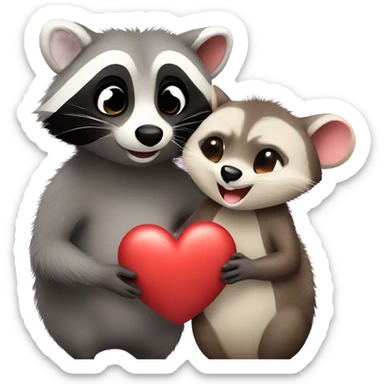 Raccoon and opossum cute couple in love with heart sticker