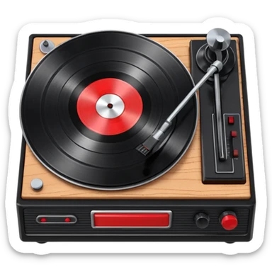 3D render of Vinyl Record, vintage 1980s audio equipment aesthetic, tactile analog buttons, shiny black grooved disc with a red center label, mixed wood grain and brushed aluminum textures, Apple emoji style, isolated on white background --v 6.0 sticker