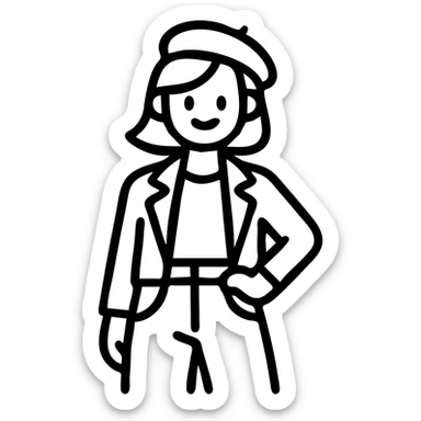 confident, fashionable girl character, stylish and bold, wearing trendy clothes, cheerful expression, outlined icon style sticker