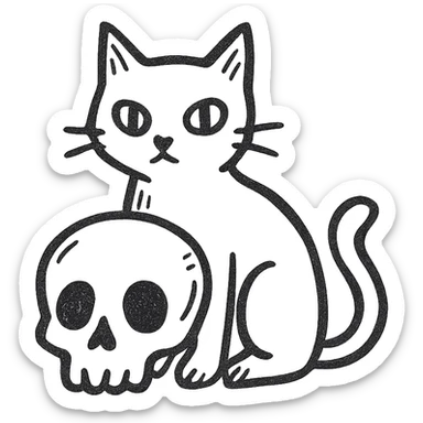 black cat and skull, minimalist hand-drawn sketch line art sticker