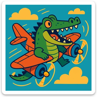 a crocodile with bomber plane wings and propellers, whimsical, energetic illustration sticker