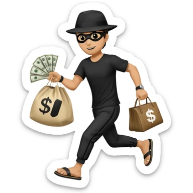 Make a man wear a black pant and he shirt is balck line and white line and wear a black hat and he holding a money bag and he running he wear a black eye thing no money in the Left hand and he yellow and the money bag in the right he wear a flip flop like this is Money bag 💰 NO MONEY sticker