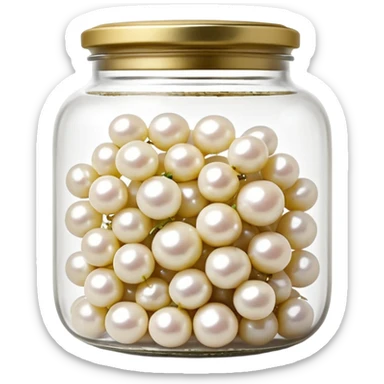 clear glass jar filled with small white pearl onions submerged in clear brine, rounded jar with metal lid, tightly packed contents visible through transparent sides, onions smooth glossy slightly translucent, no label no fork no garnish, closed jar, soft lighting, subtle shadows, emoji scale sticker