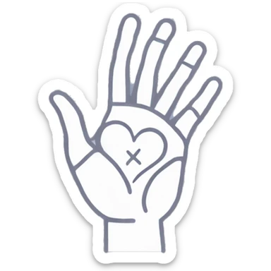 An icon of an open hand with detailed and precise palm lines, focusing on the heart line, life line, and fate line. The design is minimalistic and clean, emphasizing the palm lines without any additional symbols or elements. sticker