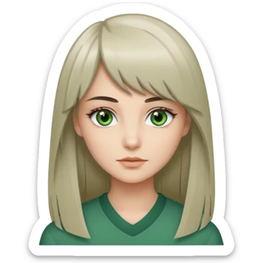 женщина с зелёными глазами, красивыми бровями, серо-бежевыми длинными волосами, с асимметричным пробором, прямой чёлкой, подстриженной каскадом sticker