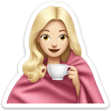 White blonde Girl drinking tea with pink blanket on sticker
