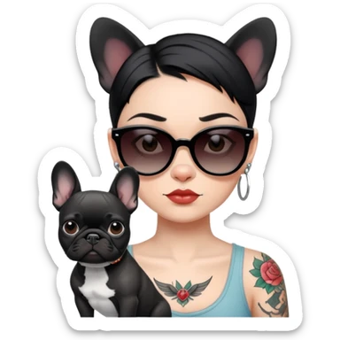 girl with short black  straight hair and tattoos and Wearing sunglasses and a black French bulldog sticker