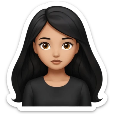 She has round head with oversized glossy eyes that dominate her face, giving her a dreamy expression. Her eyes are a warm brown with long lashes. She has light brown skin. Long jet black hair. She’s wearing a dark dress sticker