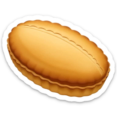 A madeleine pastry. Scalloped oval seashell shape with ONLY four to five vertical lines going in the same direction. Light golden brown. Scalloped edge. Cookie. Flat. Long. Oval shape. Lets scallops. sticker