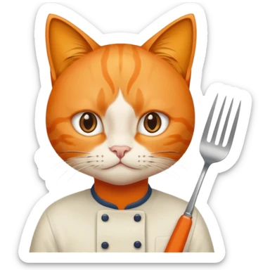 can with fork and knife, staring at orange cat sticker