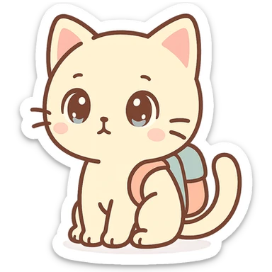 anime style cat with a backpack, sitting and looking curious sticker