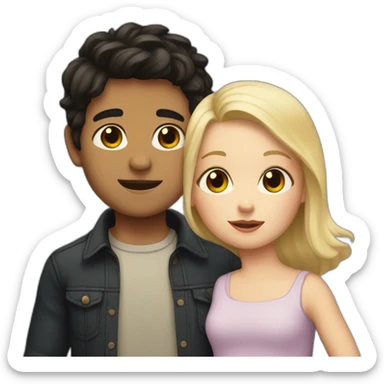 a boy with dark hair holding a short girl with blonde hair sticker