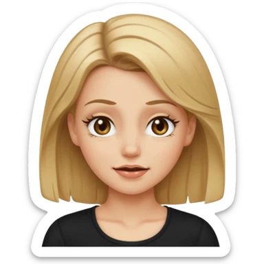 white girl with dirty blond hair, hazel eyes, black top, winking sticker