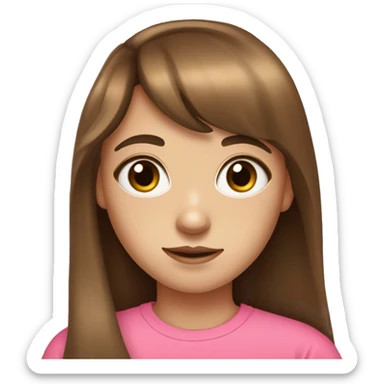 14-year-old girl with long brown hair and bangs brown and big eyes With tight pink t-shirt and a freckle on the right chek sticker