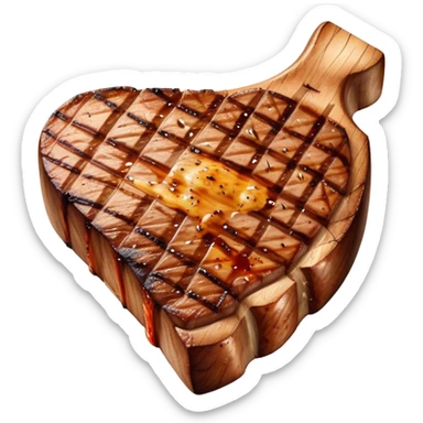 Cinematic thick-cut t-bone steak, perfectly seared with grill marks, a grilled center, rich and savory, warm glow, sizzling and mouthwatering, highly detailed and appetizing. sticker