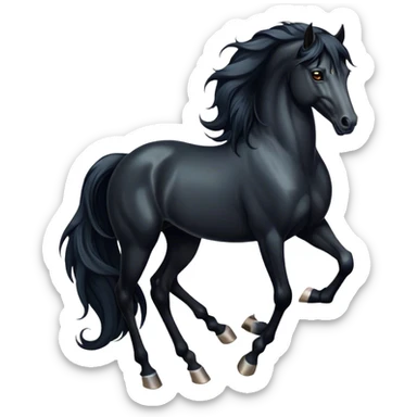 Cinematic Elegant Black Horse Portrait Emoji, Head held high with a serene, powerful gaze, showcasing a magnificent jet-black fur with a radiant, glossy finish, a flowing mane and tail, and piercing dark eyes exuding beauty and strength, Simplified yet majestically refined features, highly detailed, glowing with a soft, ethereal light, high shine, poised and breathtaking, stylized with an air of pure elegance, capturing the essence of a stunning and graceful steed, so beautiful it feels like it could gallop out of the screen with effortless charm! sticker