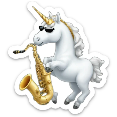 a unicorn wearing sunglasses and playing saxophone on a cloud sticker