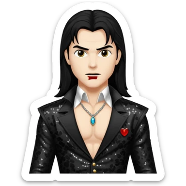 Adam Van Helsing from Vampirella with long black hair, black sequin outfit sticker