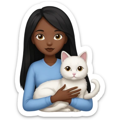 black girl with straight long black hair with a side part.  holding a female white cat sticker