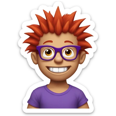 Rugrats, a red-haired baby with spiky hair and only 2 front teeth wearing purple square glasses and a blue shirt with red trim sticker