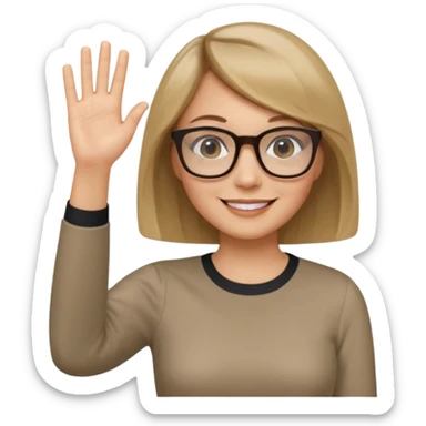 woman dark blonde petite bob haircut wears smaller squared dark  glasses, classic clothes, smiling, waving, a tad older, waving, light colored shirt sticker