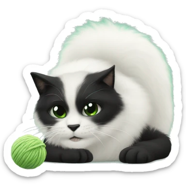 Gato blanco y negro peludo jugando con un ovillo de lana verde sticker
