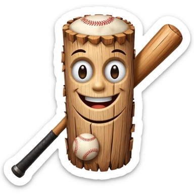 Wood log with a smiling face holding a baseball bat. sticker