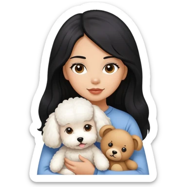 A girl with long black hair holding a Bichon and a Teddy dog sticker