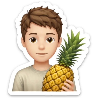 Pale young teenage boy with short wavy brown hair holding pineapple sticker
