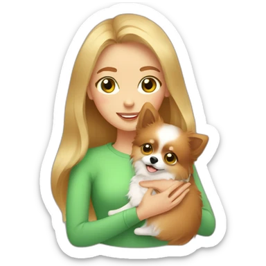 highlighted hair girl with green eyes, hugs her pomeranian dog, red sticker