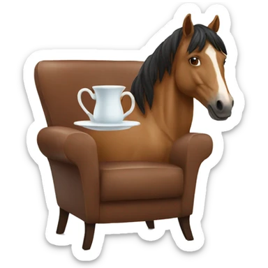 horse drinking tea looking at camera sitting in a chair sticker