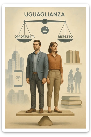 Un uomo e una donna, entrambi tra i 30 e i 40 anni, in piedi fianco a fianco su un piedistallo unico che rappresenta l’equilibrio. Indossano abiti moderni da lavoro o casual, con sguardi determinati e sereni. Sullo sfondo, simboli di società moderna: grattacieli, tecnologia, libri, famiglia. Sopra di loro, una bilancia perfettamente equilibrata con i simboli 'uguaglianza', 'opportunità', 'rispetto'. La scena è armoniosa, luminosa, con colori neutri e un tono positivo. Stile realistico con accenti simbolici in italiano sticker