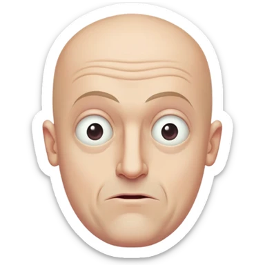Steven Miller, bald, pronounced grimace, narrow rectangular head, bottom lip sticking out, eyelids almost closed and lower on the outside sticker