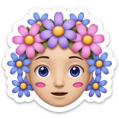 Emoji with blue pink and light purple flowers around head sticker