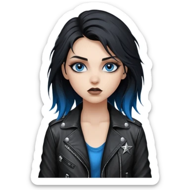 
 rockstar girl with long total black disheveled hair, blue eyes, Smokey eyes rockstar grunge makeup, rocking  sticker