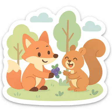 fox and squirrel sharing berries in a forest friendship scene, soft pastel colors, pastel-toon style sticker