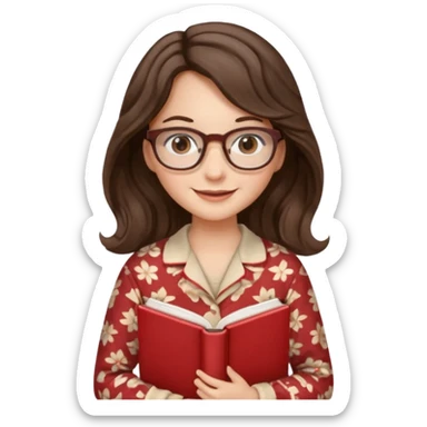 Миловидная девушка брюнетка с длинными  волосами на которых легка волна. карими глазами. В очках и в пижаме с книгой. Картинка должна были в цветах: бежевый, бледно красный, коричневый, белый sticker
