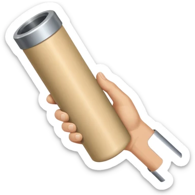 a beige skin colored hand holding a cylindrical tube, no sleeves, no clothes sticker