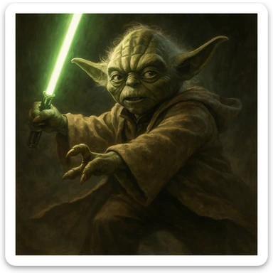 Master Yoda from Revenge of the Sith, dynamic pose, holding a green lightsaber, dramatic lighting, cinematic style, detailed illustration sticker